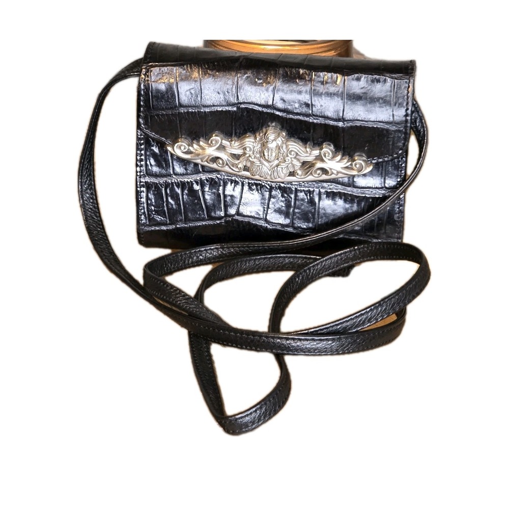 Vintage Brighton CB Wallet Organizer Black Croc Embossed‎ Leather Silver Emblem